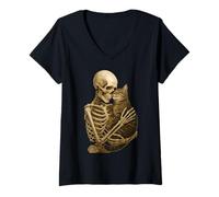 Donna Skeleton Hugging Cat Cute Halloween Graphic Maglietta con Collo a V
