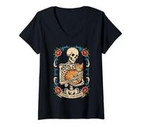 Donna Skeleton Hugging Cat Cute Halloween Graphic Maglietta con Collo a V