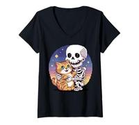 Donna Skeleton Hugging Cat Cute Halloween Graphic Pixel Art Maglietta con Collo a V