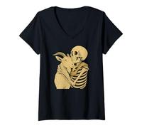 Donna Skeleton Hugging Goat Halloween Maglietta con Collo a V