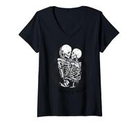 Donna Skeleton Lovers Forevermore Romantico Gotico Grafica Maglietta con Collo a V