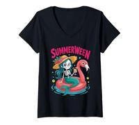 Donna Skeleton Mermaid Floatie Happy Summerween Halloween Spooky Maglietta con Collo a V