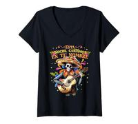 Donna Skeleton Mexican Skull Fiesta Sombreros Mariachi Guitar Maglietta con Collo a V