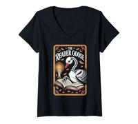 Donna Skeleton Reader Goose - Spettrale Tarocco Book Lover Maglietta con Collo a V