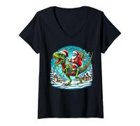 Donna Skeleton Santa Riding T Rex Dinosaur Funny Christmas Maglietta con Collo a V