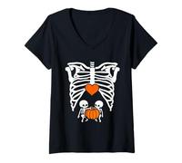 Donna Skeleton Twin Baby Pumpkin Pregnancy Alert Mom Halloween Maglietta con Collo a V