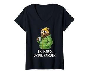 Donna Ski Hard Drink Harder Orso Bruno Après Ski - Sci Inverno Maglietta con Collo a V