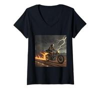 Donna Skull Rider in Tempesta con Sentieri di Fuoco Maglietta con Collo a V