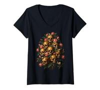 Donna Skull Rose Bouquet Dark Gothic Vanitas Art Floral Maglietta con Collo a V