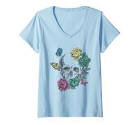 Donna Skull with Colorful Flowers And Butterflies Maglietta con Collo a V