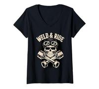 Donna Skull with Goggles and Crossed Pistons Biker Artwork Maglietta con Collo a V