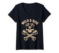 Donna Skull with Goggles and Crossed Pistons Biker Artwork Maglietta con Collo a V