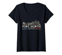 Donna Skyline d'Epoca di Viaggio di Fort Worth Maglietta con Collo a V