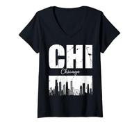 Donna Skyline di Chicago, Design in Stile Afflitto della Città di Chi Maglietta con Collo a V