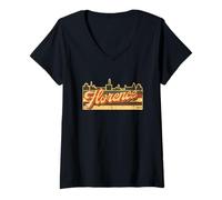 Donna Skyline di Firenze & Italia Retro Stripes - Italian Pride Maglietta con Collo a V