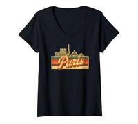 Donna Skyline di Parigi & Francia Retro Stripes - French Pride Maglietta con Collo a V