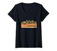 Donna Skyline di San Francisco & California Retro Stripes - USA Pride Maglietta con Collo a V