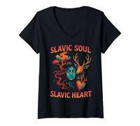 Donna Slavic Soul Cuore Foresta Pagana Spirito Mito Natura Maglietta con Collo a V