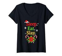 Donna Sleep Eat Slay Divertente Vacanza Umorismo Natale Pigiama Maglietta con Collo a V