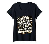 Donna Sleep Well Middle Finger Big Day Tomorrow - Maglietta con Collo a V