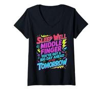 Donna Sleep Well Middle Finger Big Day Tomorrow - Maglietta con Collo a V