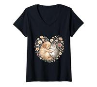 Donna Sleeping Puppy Kitten Heart Floral Boho Nature Maglietta con Collo a V