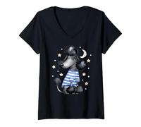 Donna Sleepy Black Poodle Stars And Moon Dog Lover Pigiama da Notte Maglietta con Collo a V