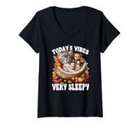 Donna Sleepy Cat for Women Men & Kids Fall Vibes for Kitten Lover Maglietta con Collo a V