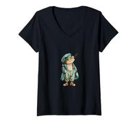 Donna Sleepy Frog in Pigiama, Occhiali, Berretto da Notte, Stile Vintage Maglietta con Collo a V