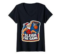 Donna Sleigh The Game Basketball Player Christmas Santa Lover Xmas Maglietta con Collo a V