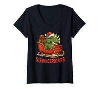 Donna Sleighceratops Simpatico Dinosauro Ceratops Divertente Natale Dino Maglietta con Collo a V