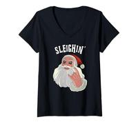 Donna Sleighin' Horn Sign Dondolo Babbo Natale Maglietta con Collo a V