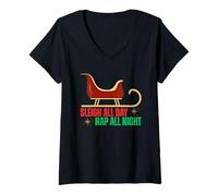 Donna Slitta all Day Nap all Night Funny Christmas Design Maglietta con Collo a V