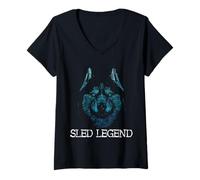 Donna Slitta per Cani Husky Legend Alaska Winter Mushing Sleigh Maglietta con Collo a V