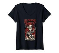 Donna Slitta Santa Guitarist Gothic Dark Christmas Rebel Maglietta con Collo a V