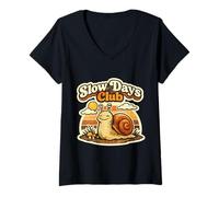 Donna Slow Days Club Snail Vintage Anti Hustle Lumaca Grafica Maglietta con Collo a V