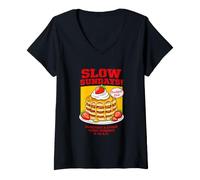 Donna Slow Sundays Pancake Breakfast Funny Illustration Graphic Maglietta con Collo a V