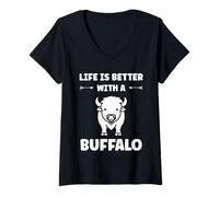 Donna Small Animals Bison Funny Simple Life is Better with Buffalo Maglietta con Collo a V