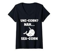 Donna Small Cute Simple Minimalist Sea Unicorn Narwhal Maglietta con Collo a V