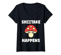 Donna Small Funny Minimalist Mushroom Simple Happens Shiitake Maglietta con Collo a V