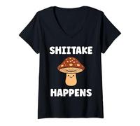 Donna Small Funny Minimalist Mushroom Simple Happens Shiitake Maglietta con Collo a V