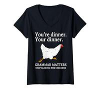 Donna Smettere di spaventare i polli Insegnante Divertente Grammatica Inglese Maglietta con Collo a V