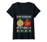 Donna Smettila di fissare le mie palle Natale brutto maglione Maglietta con Collo a V