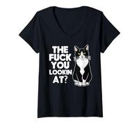 Donna Smoking Cat The F You Lookin At Funny Kitten Humor Uomini Donne Maglietta con Collo a V
