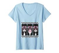 Donna Smoking Cat Trio Coquette Bow Bubblegum Retro Maglietta con Collo a V