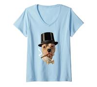 Donna Smoking Dog in Top Hat Public Domain Art TPA Funny Maglietta con Collo a V