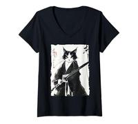Donna Smoking Samurai Gatto Giapponese Inchiostro Pittura Spadaccino Regalo Maglietta con Collo a V