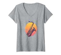 Donna Smooth Jazz Sunset - Silhouette di Sassofono sopra Il Tramonto Maglietta con Collo a V