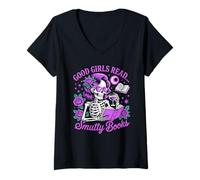 Donna Smutty Book Lover Skeleton Reading Dark Romance Romels Maglietta con Collo a V