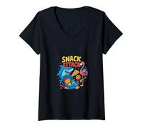 Donna Snack Attack Funny Food Flamingo Bambini Bambini Shark School Maglietta con Collo a V